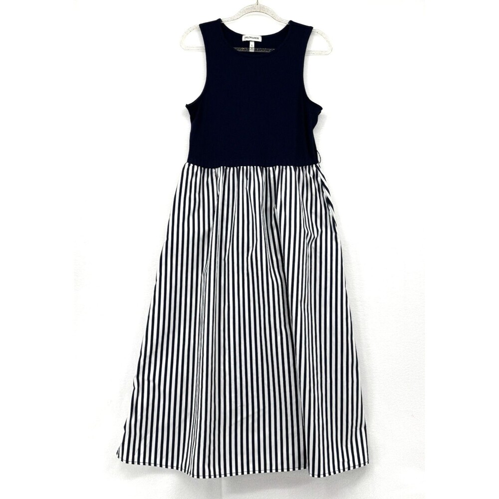 Harlow & Rose Colorblock Midi Dress Navy Ribbed Top Striped Skirt Sleeveless L